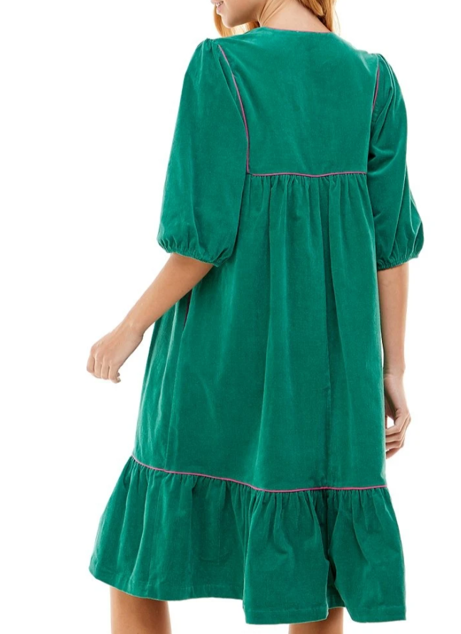 Pollyjean Dress in Jade Baby Cord