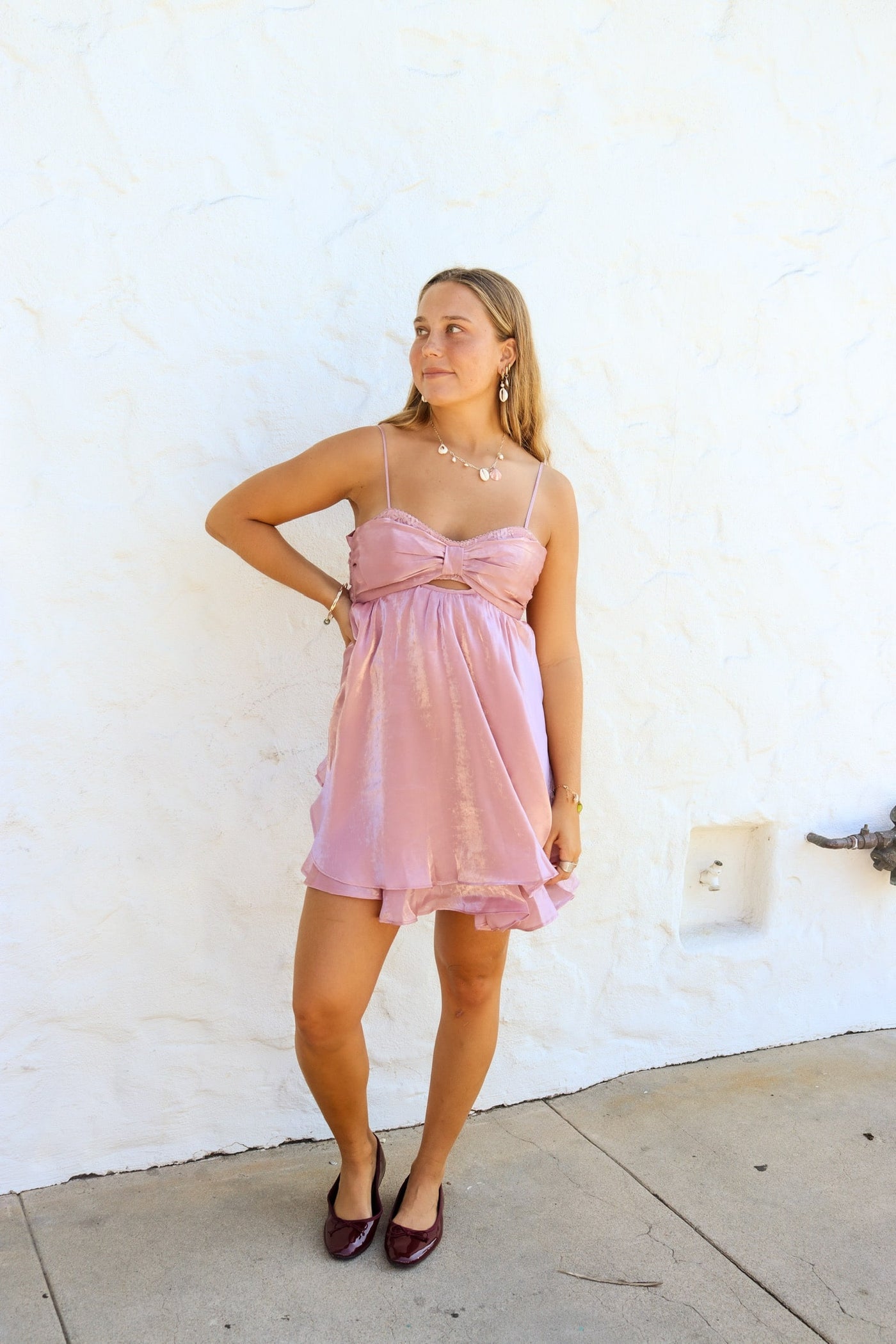 flowy satin mini dress Burgundy Satin Babydoll Dress - Party Mini