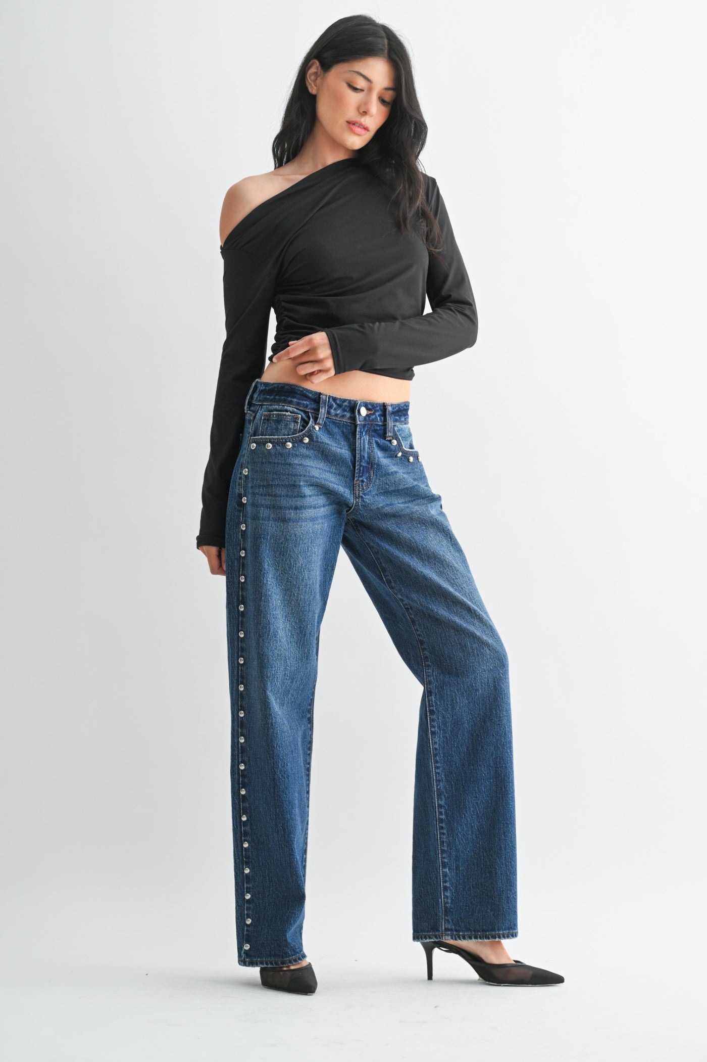 Rebel Rodeo Studded Jeans: Low Rise Studded Baggy Denim