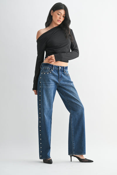 Rebel Rodeo Studded Jeans: Low Rise Studded Baggy Denim