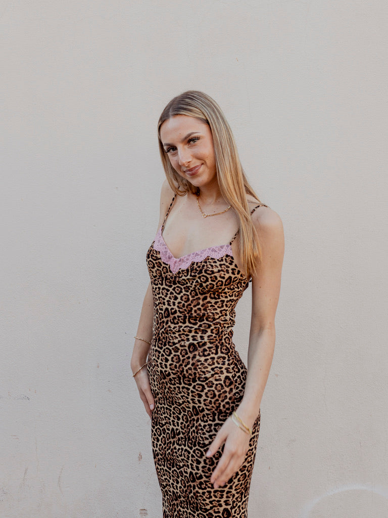 Leopard Mesh Lace Trim Cami Dress