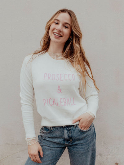 "Prosecco & Pickleball" Embroidered Cotton Crew Sweater