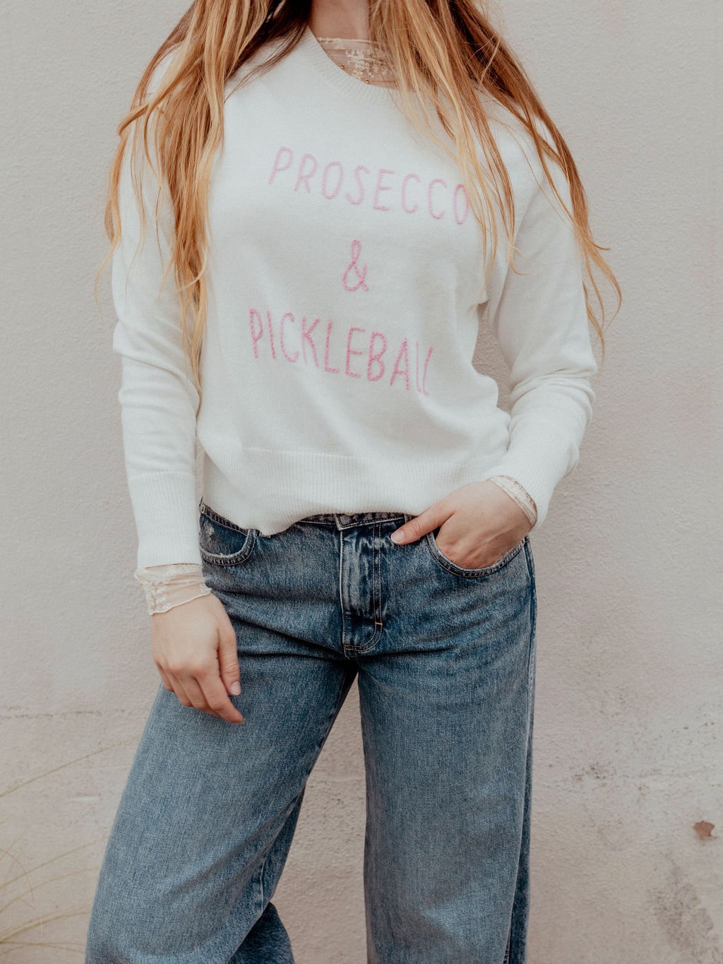 "Prosecco & Pickleball" Embroidered Cotton Crew Sweater