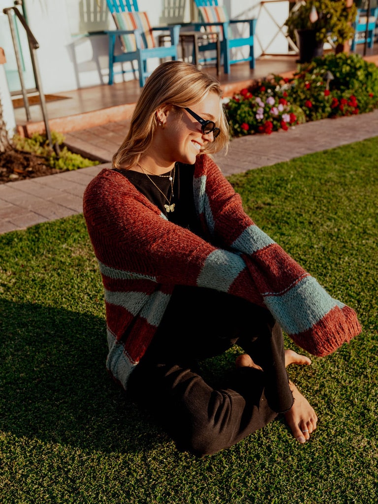 BUBBLE SLEEVE STRIPED CABLE KNIT CARDIGAN