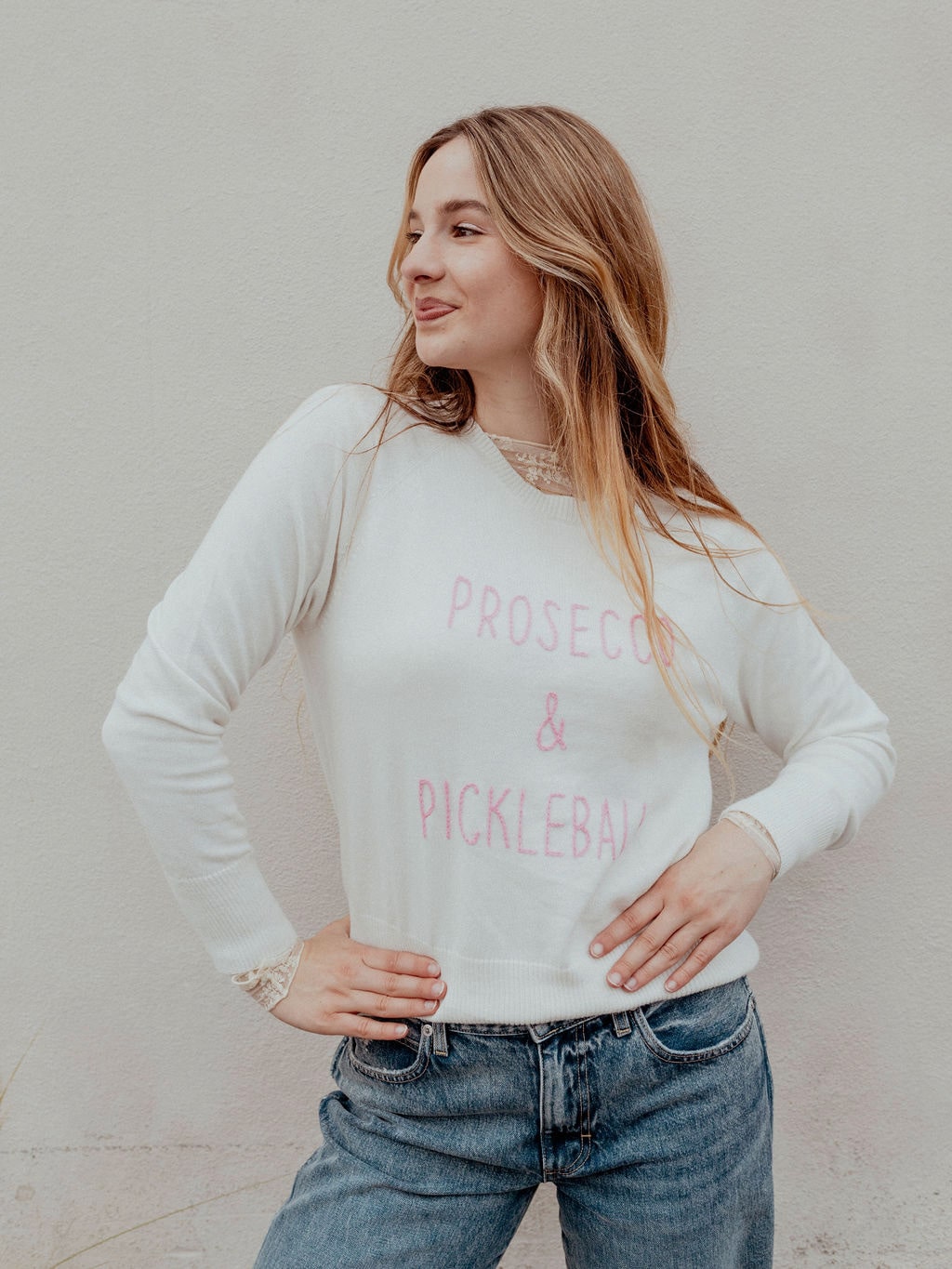 "Prosecco & Pickleball" Embroidered Cotton Crew Sweater