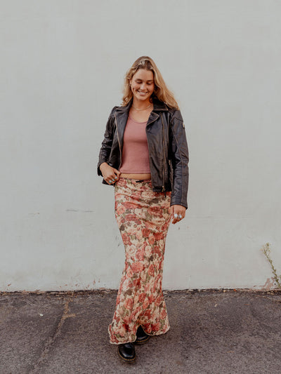 Floral Print Micro Mesh Maxi Skirt with scalled trimming. Fully lined.