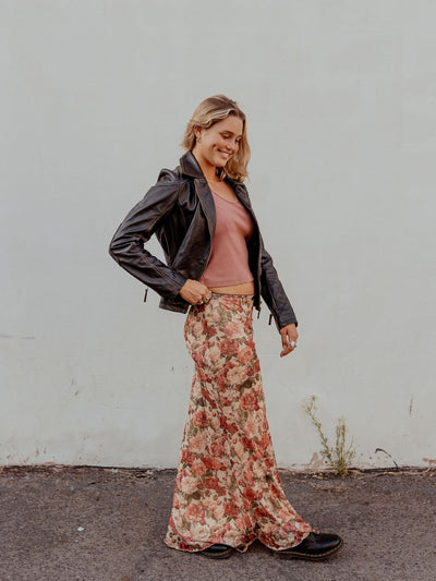 Floral Print Micro Mesh Maxi Skirt with scalled trimming. Fully lined.