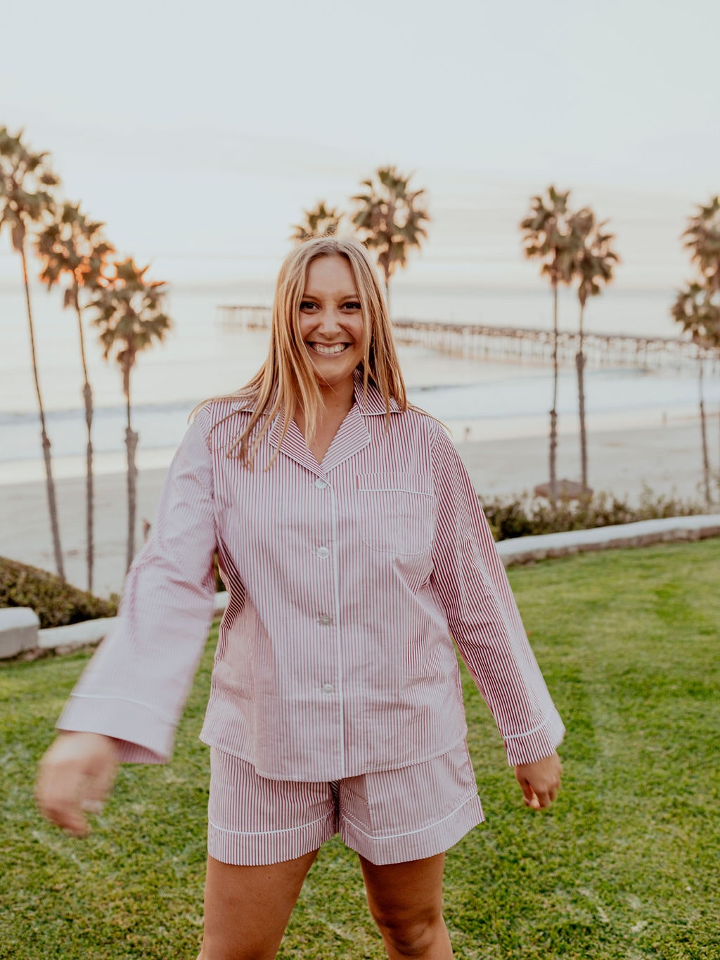 Pj Confidential Olive// Pajamas with A Long Sleeve Top and Shorts XL / Red Stripe by 75 Degrees and Fuzzy, image size:1024x1365