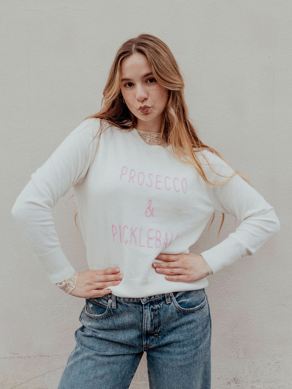 "Prosecco & Pickleball" Embroidered Cotton Crew Sweater