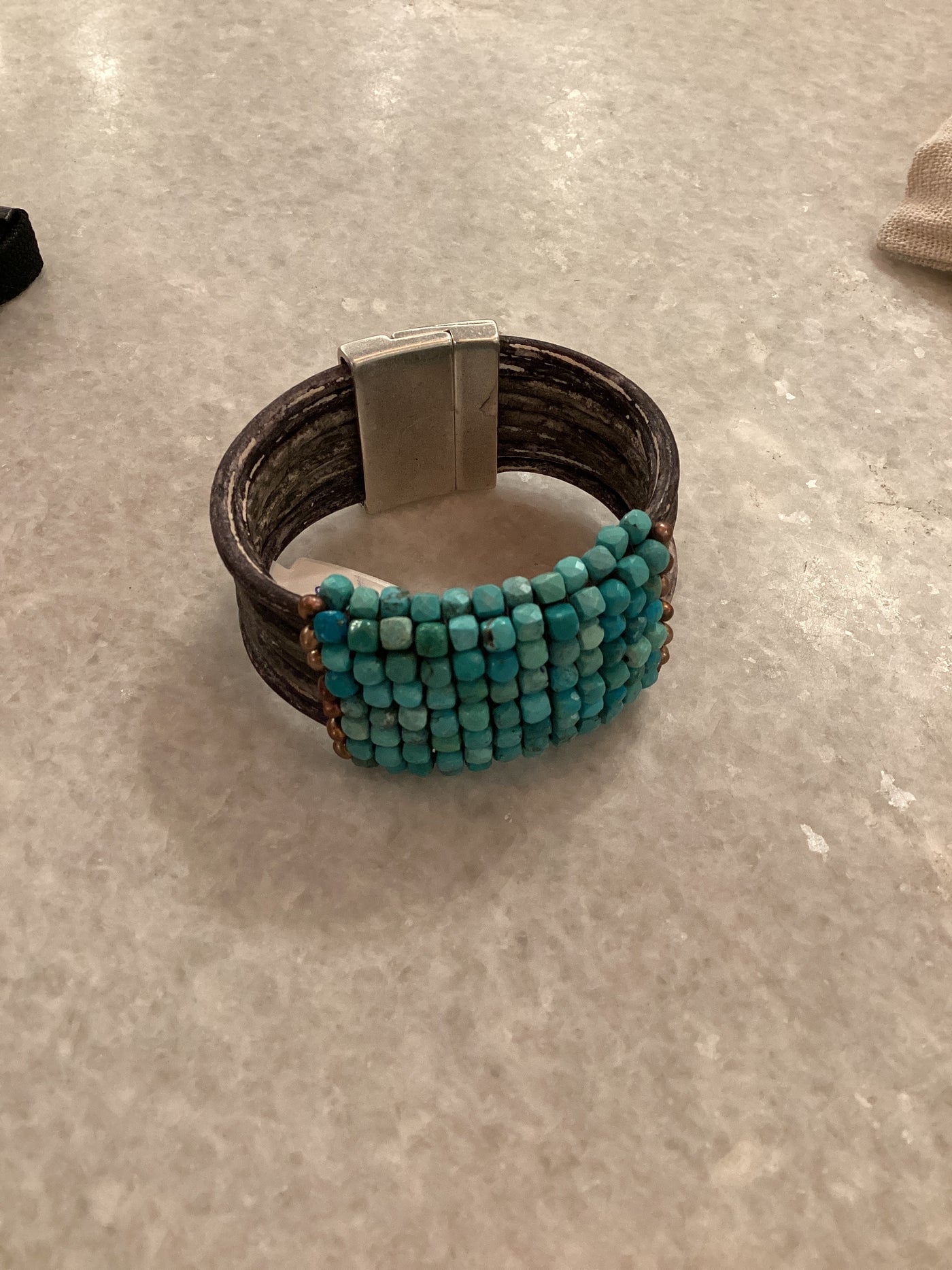 Hand Stitched Large Turquoise Cubes with Copper Bracelet by Martell Studio