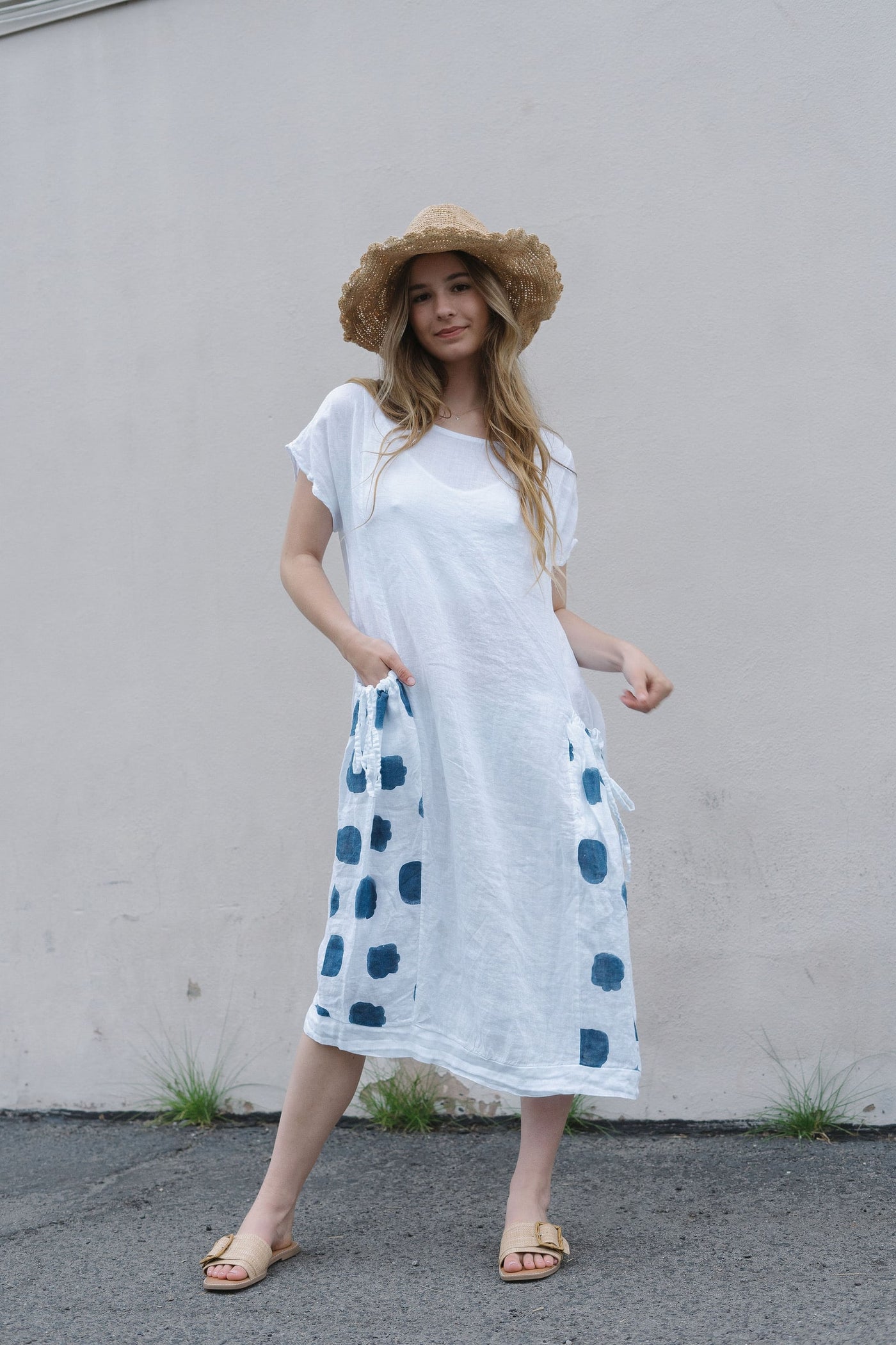 Linen Dress with Blue Polka Dots