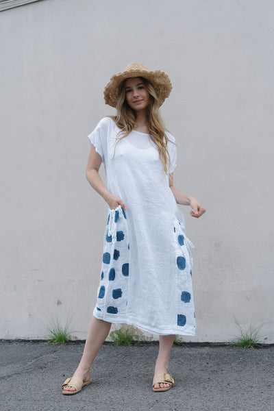 Linen Dress with Blue Polka Dots