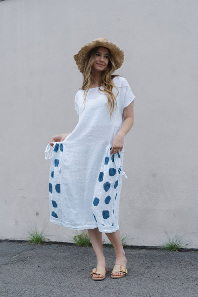 Linen Dress with Blue Polka Dots