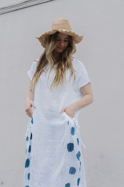 Linen Dress with Blue Polka Dots