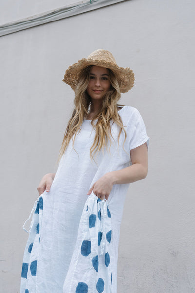 Linen Dress with Blue Polka Dots