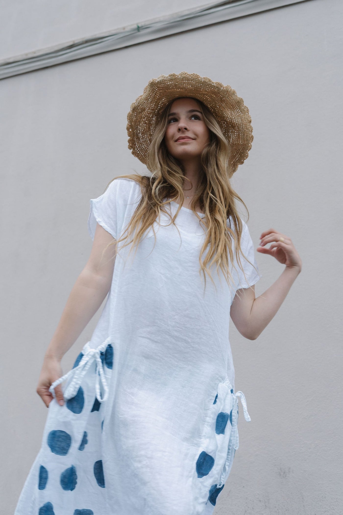 Linen Dress with Blue Polka Dots