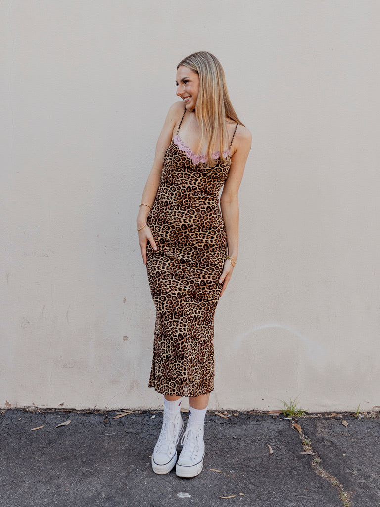 Leopard Mesh Lace Trim Cami Dress