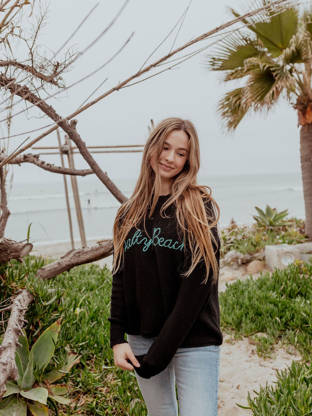 "Salty Beach" Inside Out Pullover Sweater with Embroidery