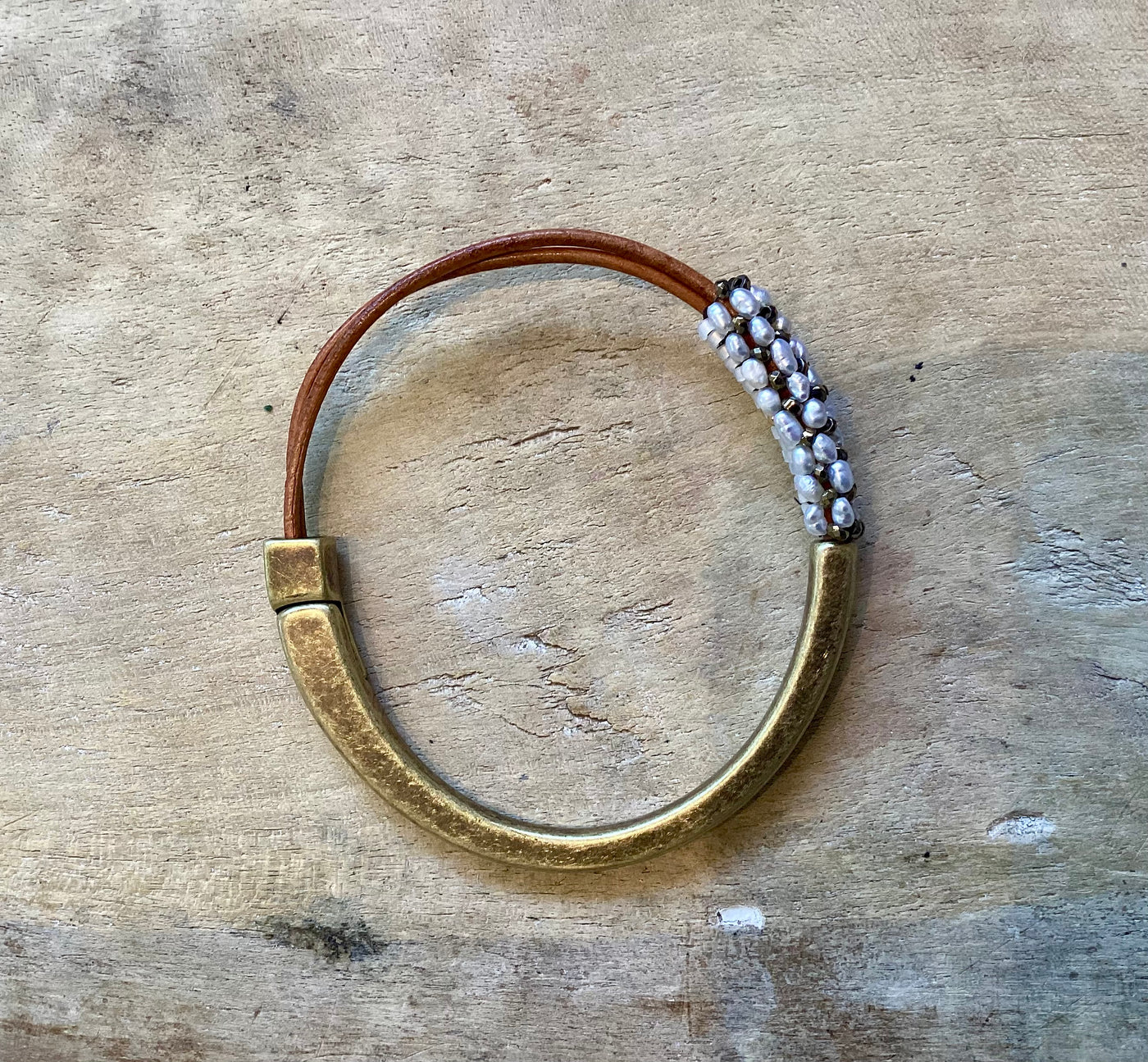 Rice Pearls, 18K coated Hematite tan leather bracelet by Martell Studio