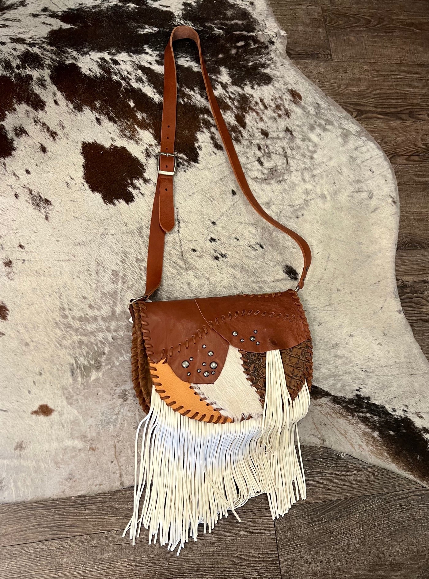Crossbody Bag – Multi-Brown Shades / White Hair on Hide, White Leather Fringe with Brown Whipstitching, Interior Pocket