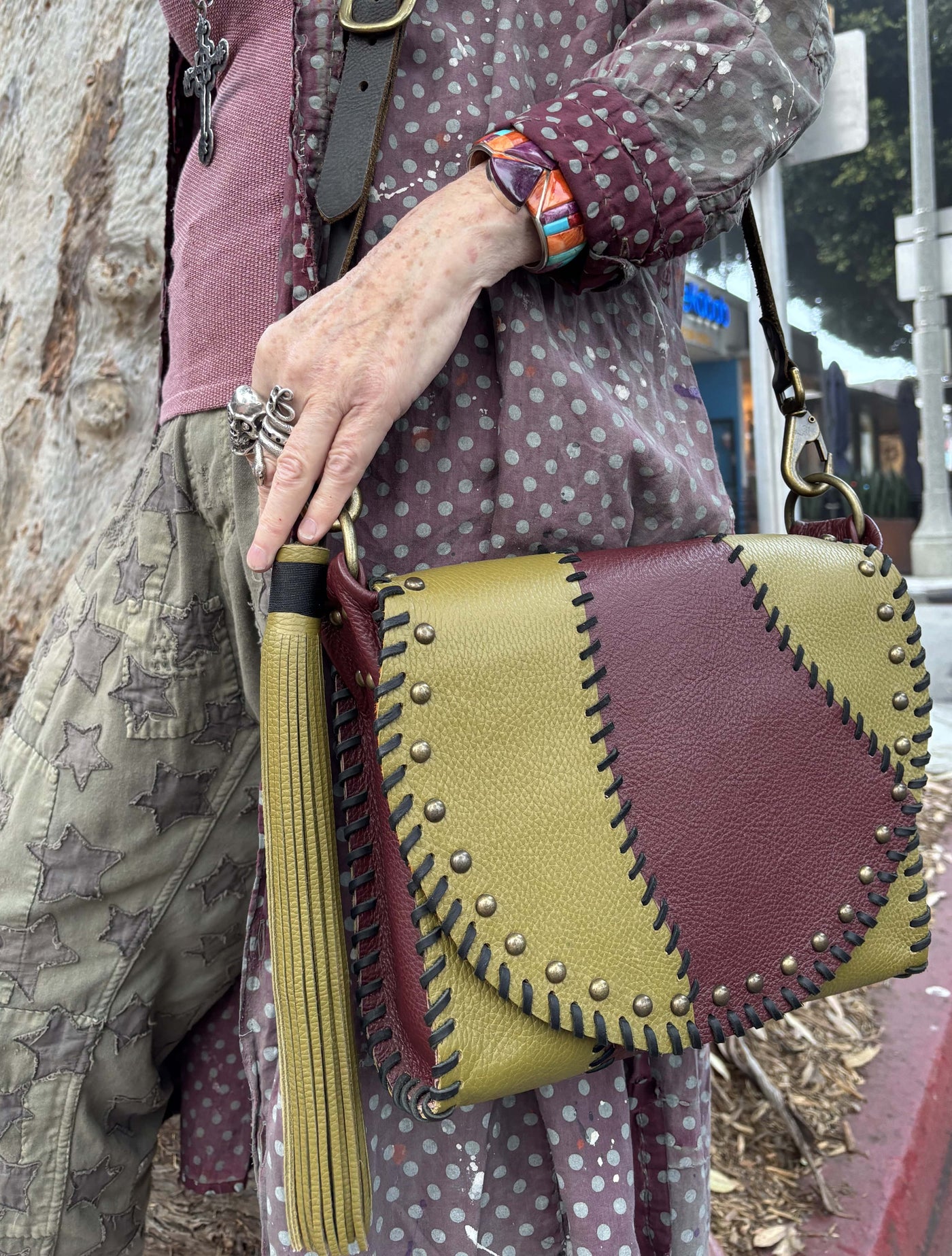 Leather Crossbody Bag with Green Tassel – Olive Green and Burgundy