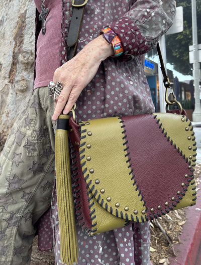 Leather Crossbody Bag with Green Tassel – Olive Green and Burgundy