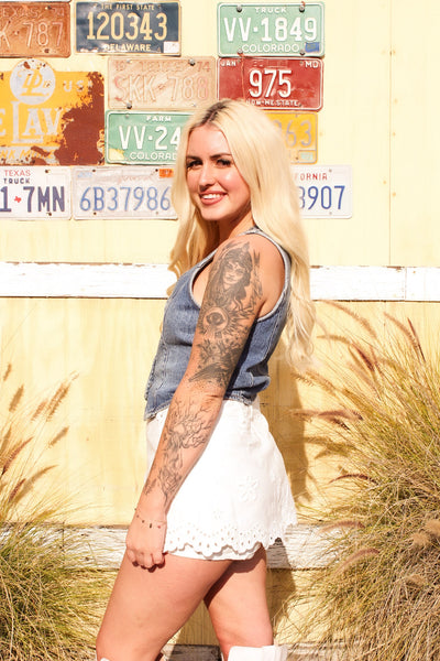 Daisy Eyelet Denim Skort by FOR LOVE & LEMONS