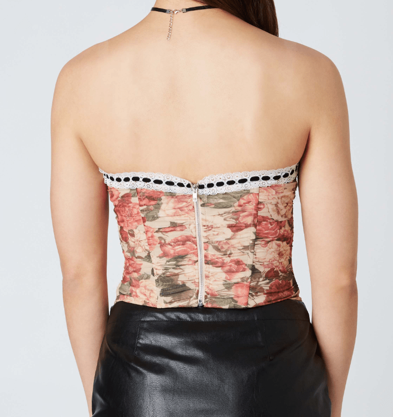 Floral Print Strapless Corset with Ribbon and Lace Trimming