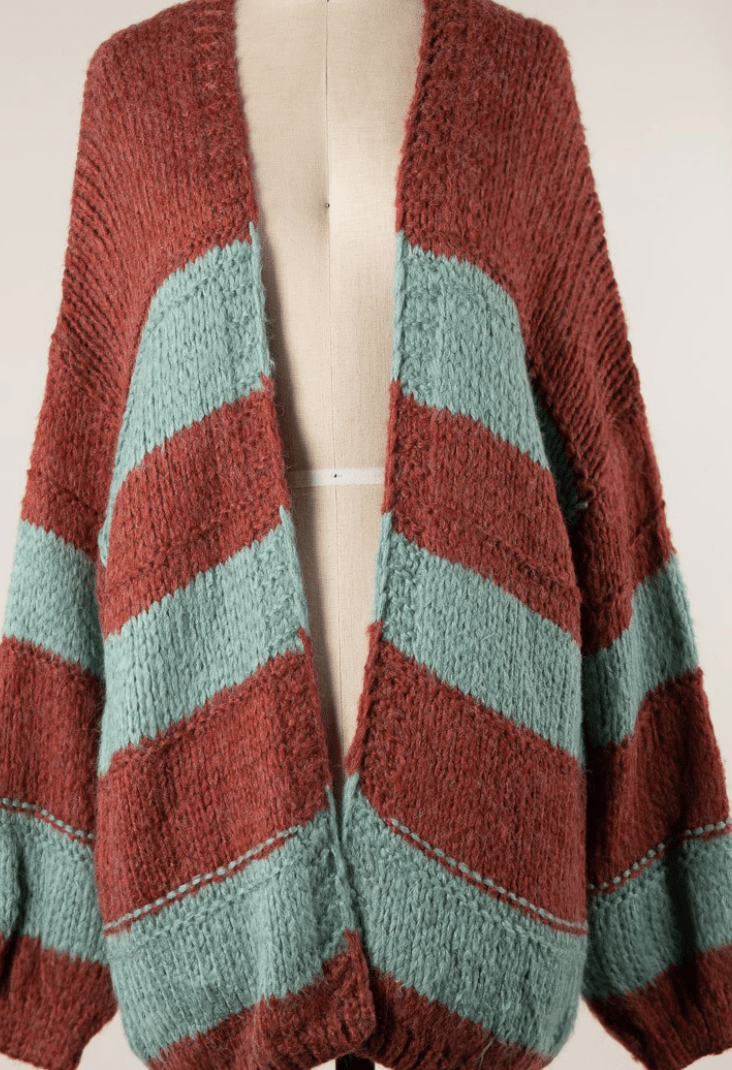 BUBBLE SLEEVE STRIPED CABLE KNIT CARDIGAN