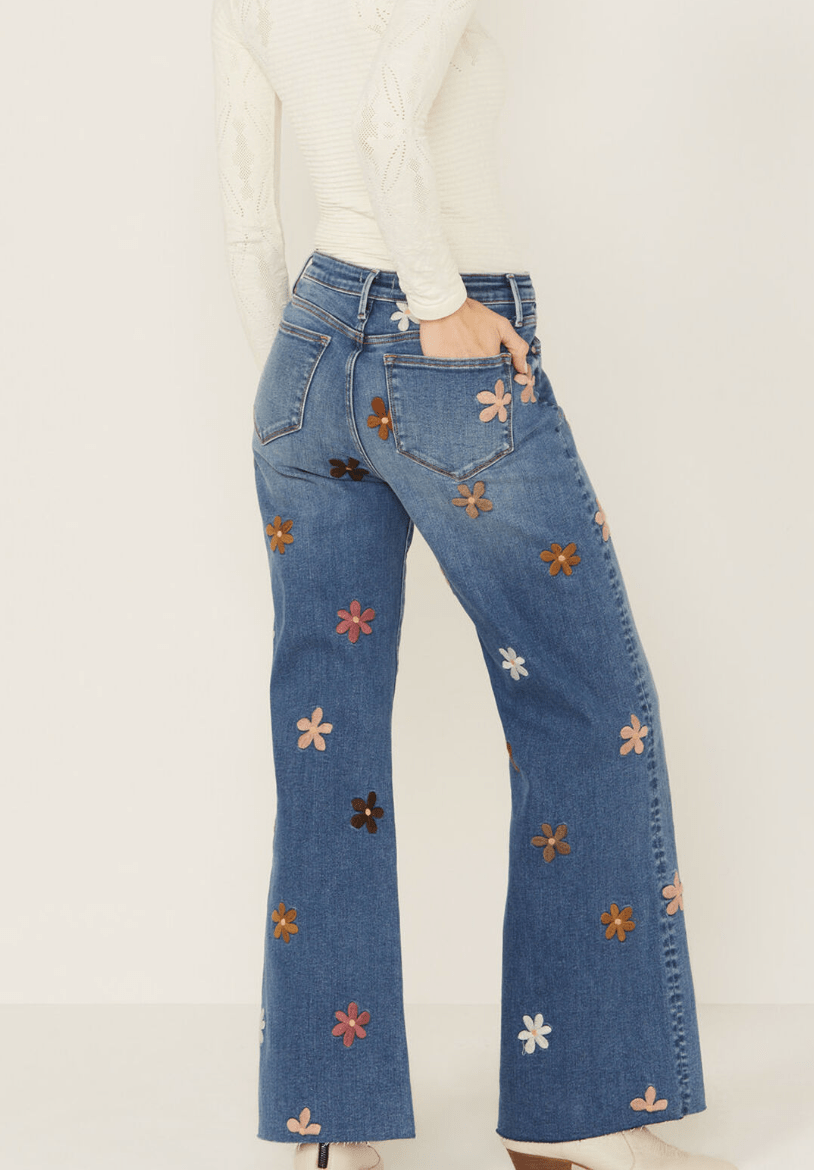 Charlie X Doo Wop High Rise Floral Embroidered Straight Stretch Denim by Driftwood