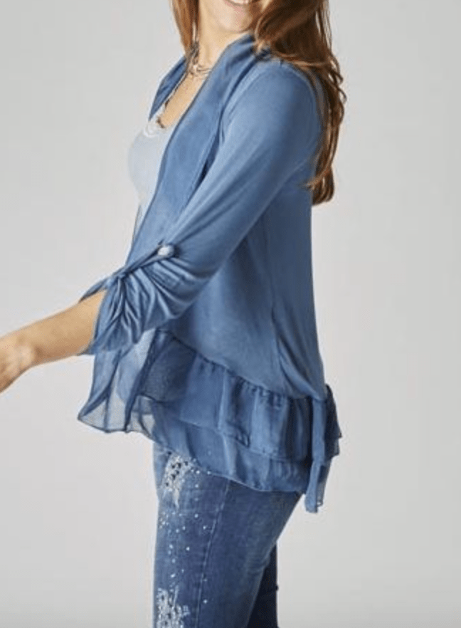 Ocean Whisper Silk Cardigan with Ruffles