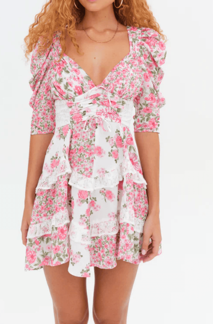 knee length dresses for ladies for Love & Lemons Rosalyn Lace Detail Mini Dress in White