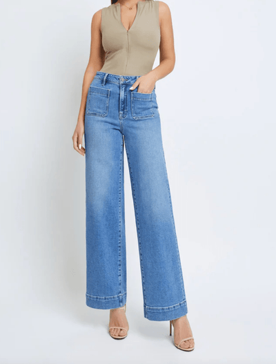 [NORI] MEDIUM WASH FRONT POCKET STRETCH WIDELEG
