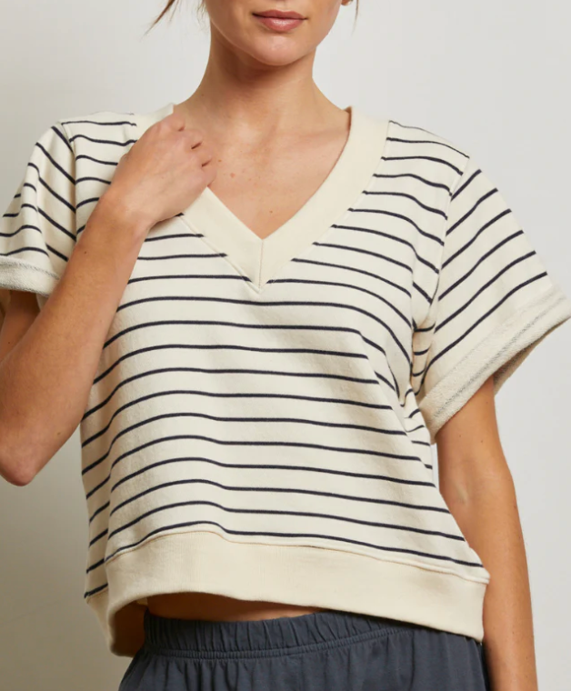 Briggs Stripe French Terry Short Sleeve Crew Sweatshirt by Perfect White Tee