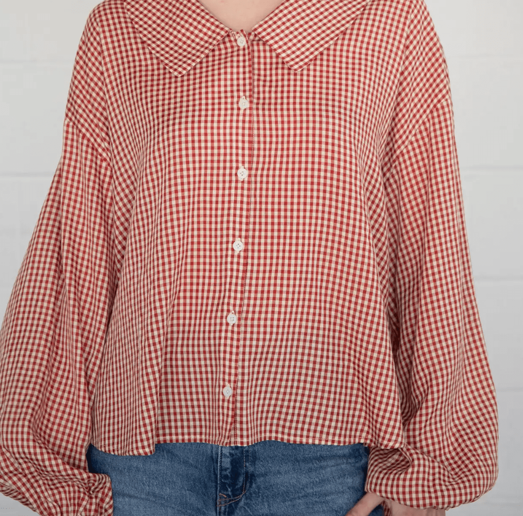 Red and white checkered shirt worn by a person on a plain background