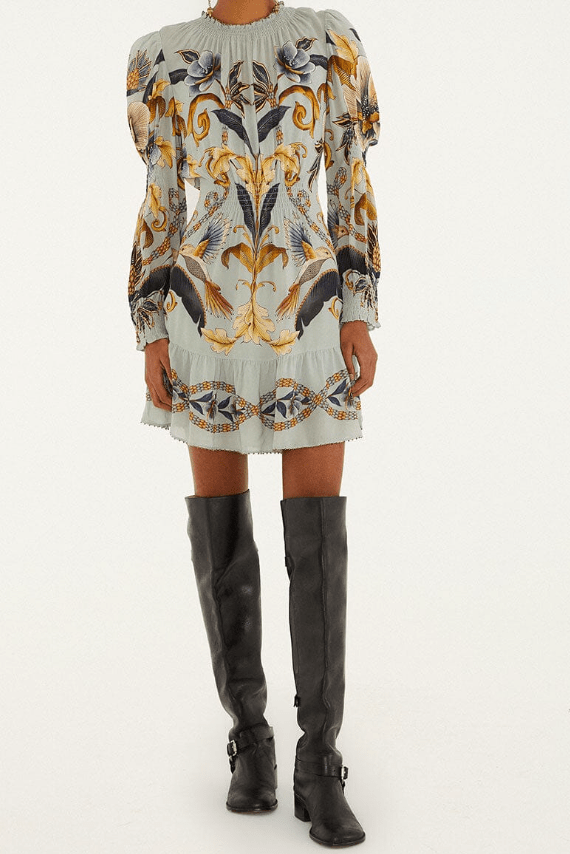 Blue Snake Garden Long Sleeve Mini Dress by Farm Rio