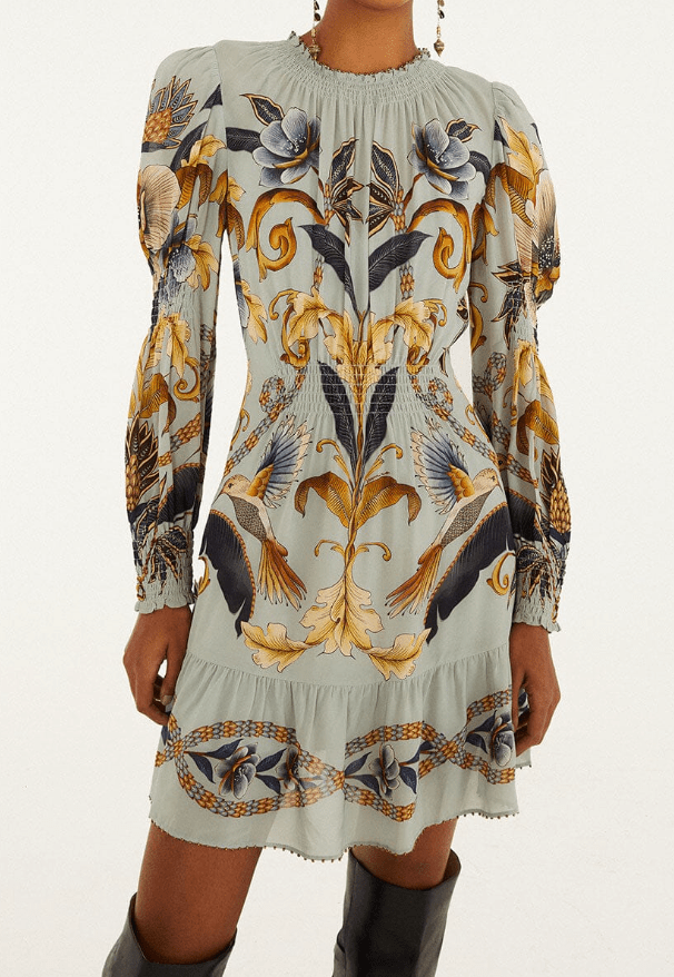 Blue Snake Garden Long Sleeve Mini Dress by Farm Rio