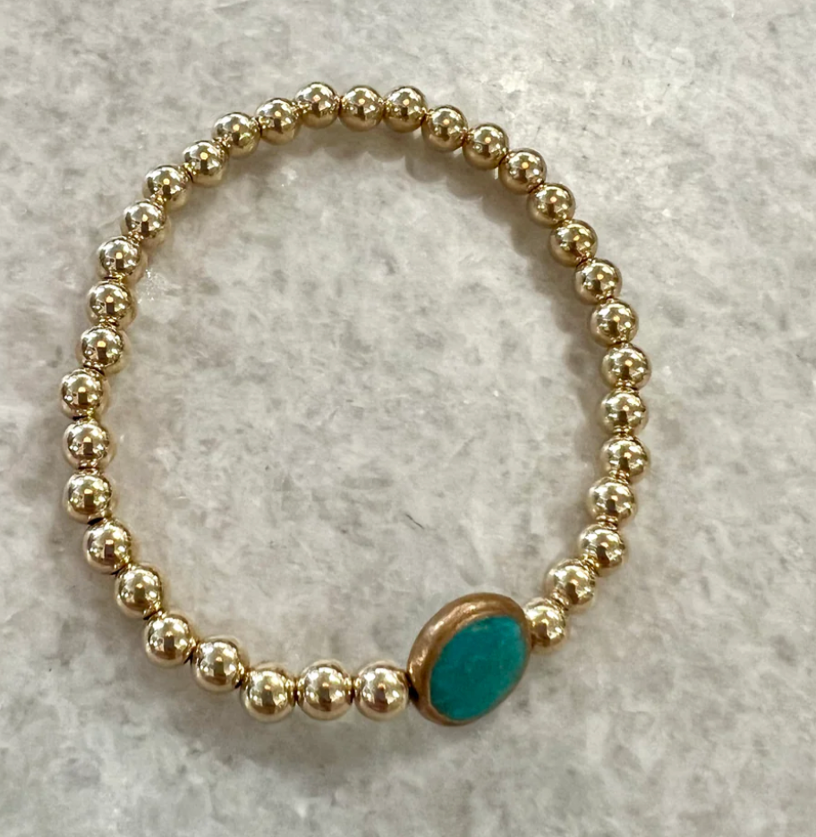 4 mm 14K Gold Fill Bead Bracelet with a Turquoise Coin