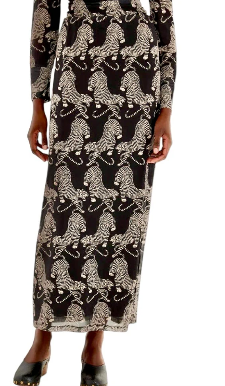 Striped Tigers Black Tulle Midi Skirt  by FARM RIO