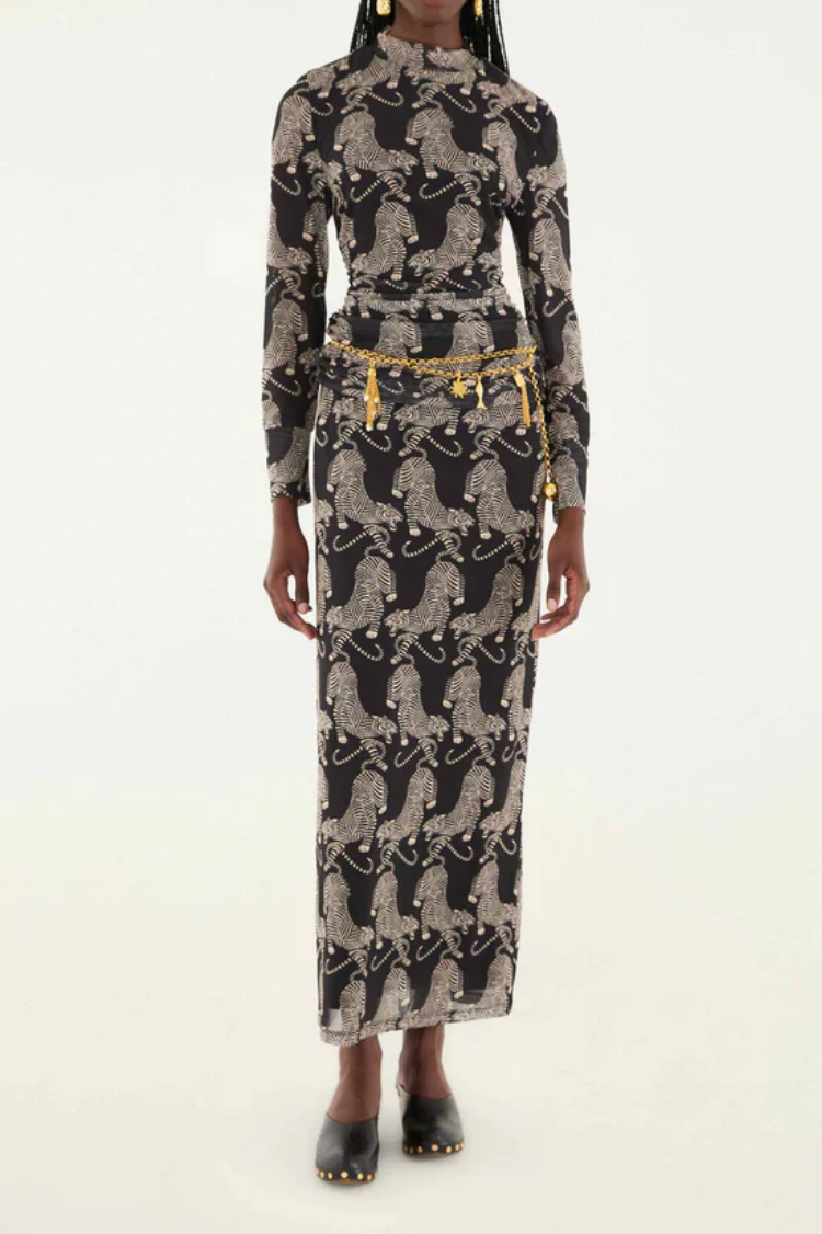 Striped Tigers Black Tulle Midi Skirt  by FARM RIO