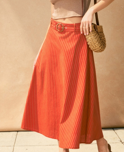 Saffron Striped Linen Belted Midi Skirt by 75