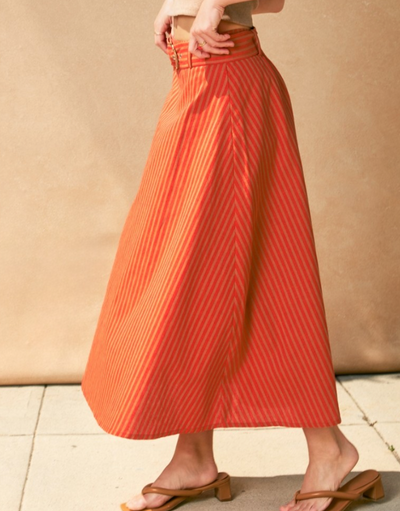 Saffron Striped Linen Belted Midi Skirt by 75