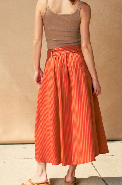 Saffron Striped Linen Belted Midi Skirt by 75