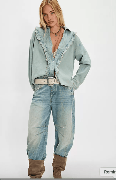 Tattered And Ruffled Denim Top BY FREE PEOPLE