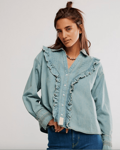 Tattered And Ruffled Denim Top BY FREE PEOPLE