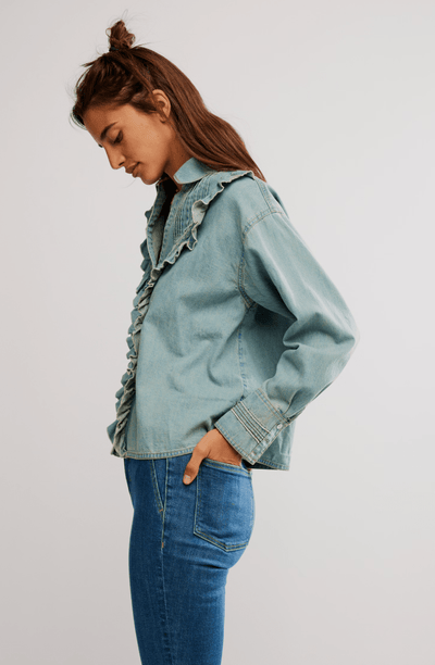 Tattered And Ruffled Denim Top BY FREE PEOPLE