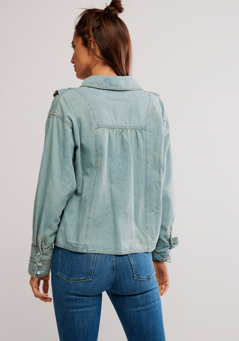 Tattered And Ruffled Denim Top BY FREE PEOPLE