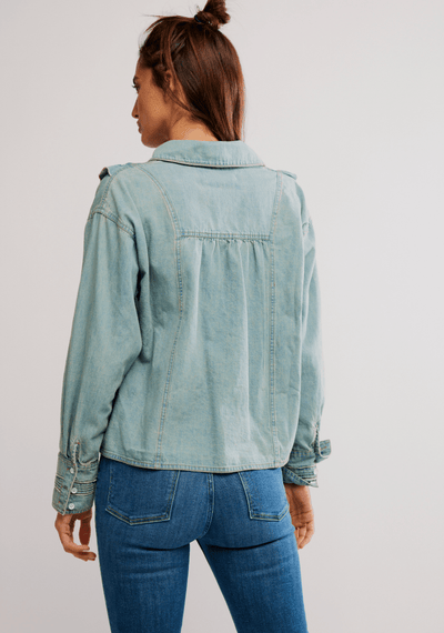 Tattered And Ruffled Denim Top BY FREE PEOPLE
