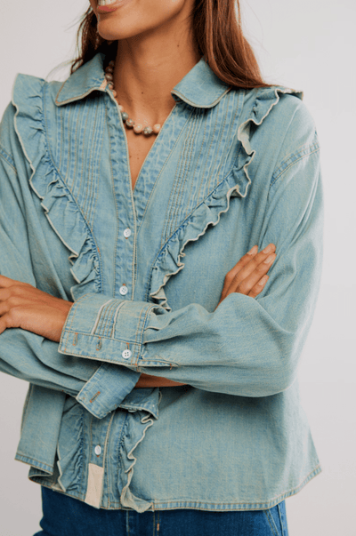 Tattered And Ruffled Denim Top BY FREE PEOPLE