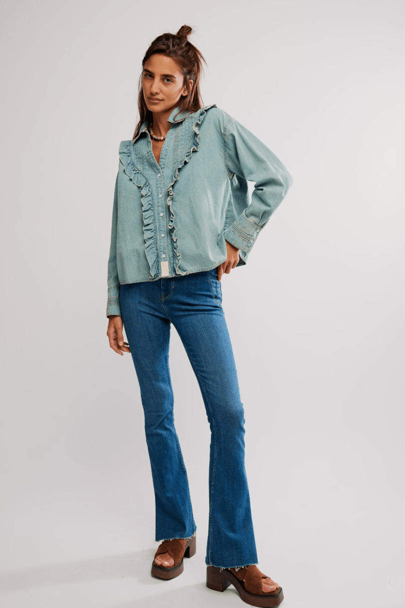Tattered And Ruffled Denim Top BY FREE PEOPLE
